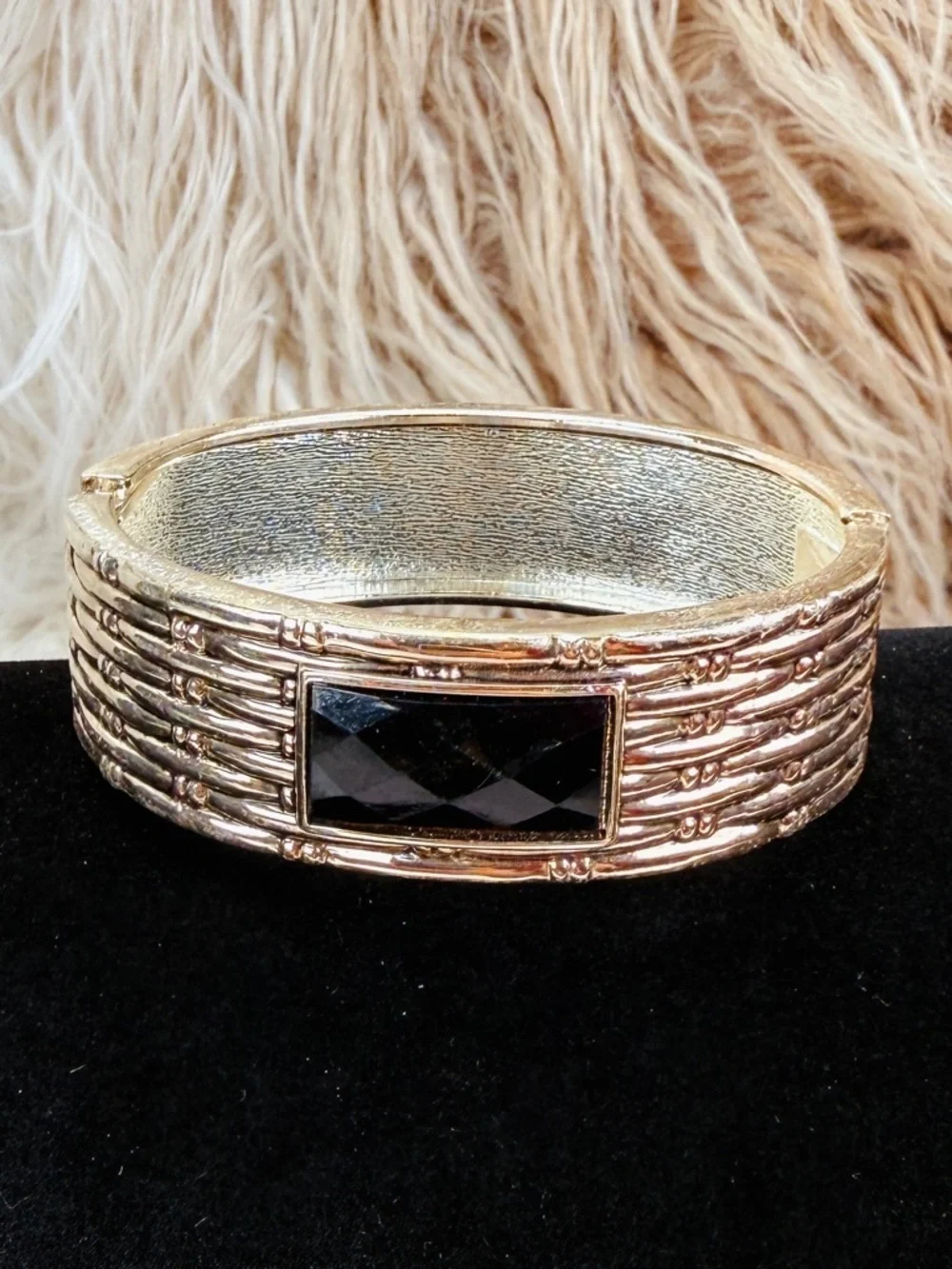 Textured Silvertone Bangle Bracelet with Black Accent